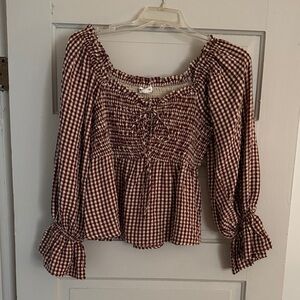 Checkered Smocked Blouse - Burgundy